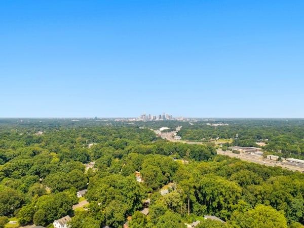 Aerial view of Charlotte, NC neighborhoods and skyline