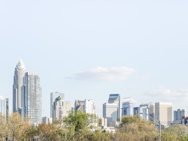 Charlotte, NC skyline with trees in the foreground